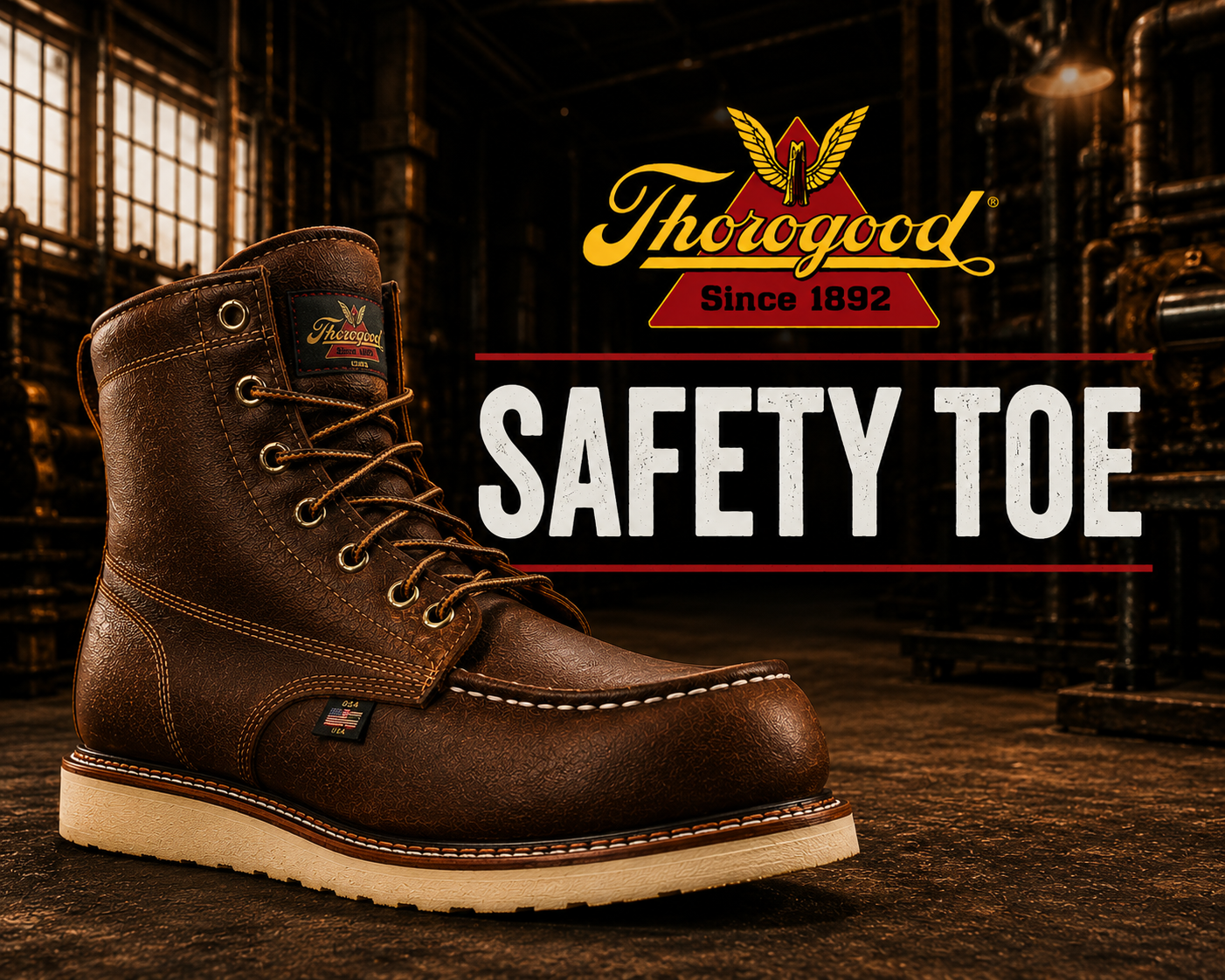 Thorogood Safety Toe collection banner showing a brown leather moc toe boot with brass eyelets on a white wedge outsole