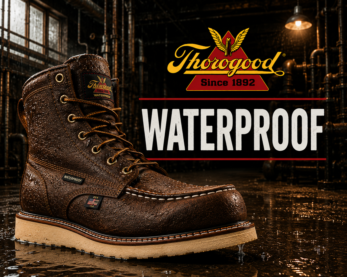 Thorogood Waterproof collection banner showing a brown leather waterproof moc toe boot on a white wedge outsole in the wet