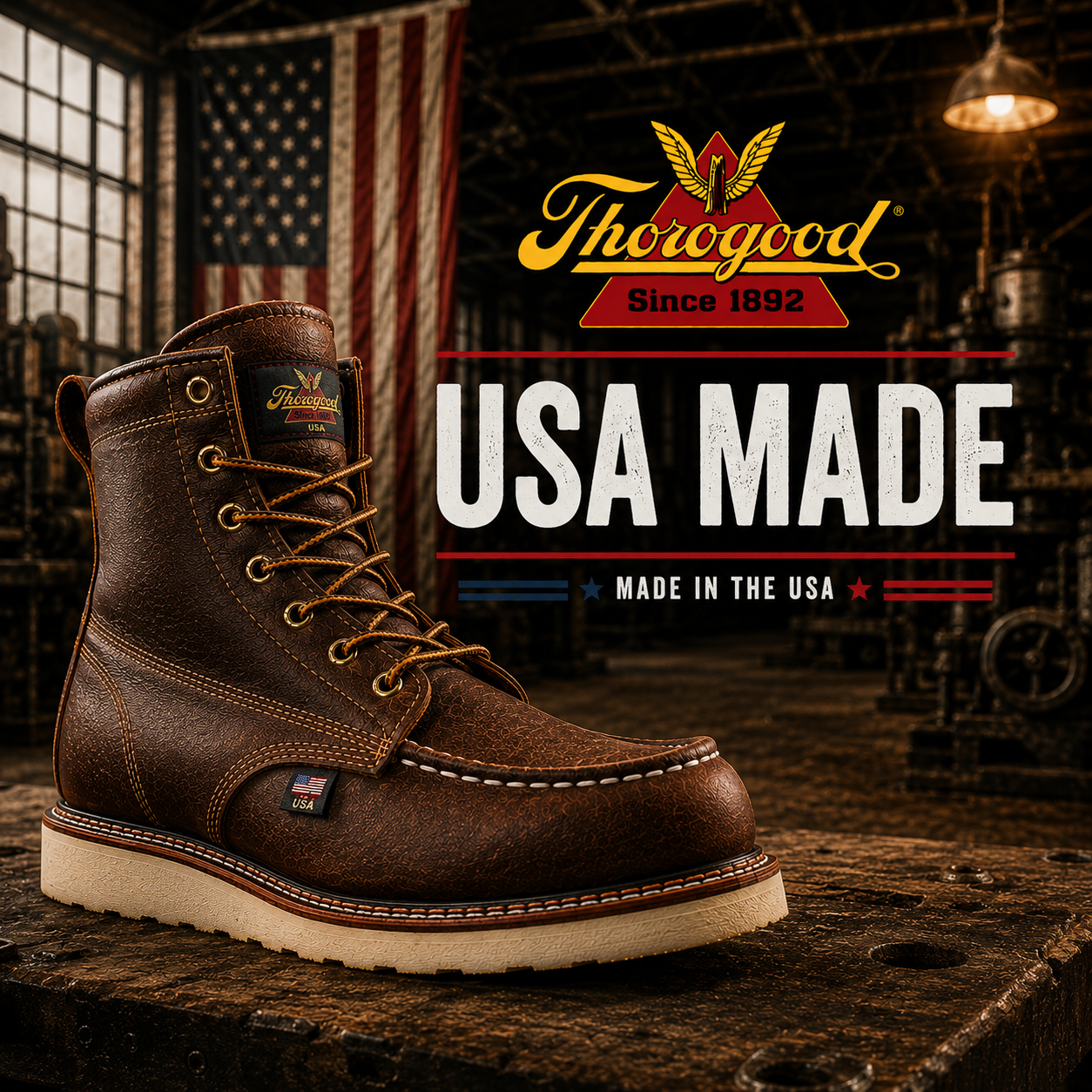 Thorogood USA Made collection banner showing a brown leather moc toe boot with USA flag tag on a white wedge outsole