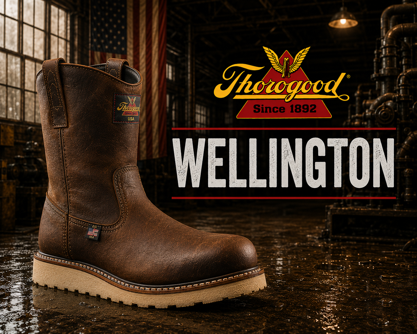 Thorogood Wellington collection banner showing a brown leather pull-on wellington work boot with dual pull straps on a wedge outsole