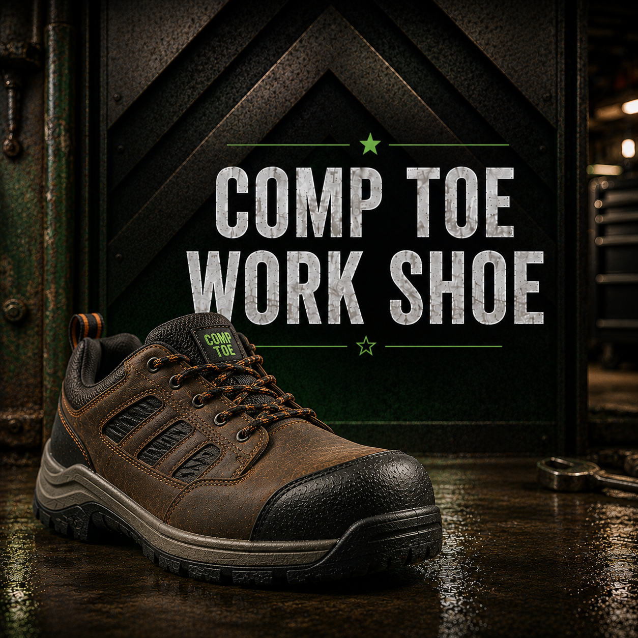 A brown and black work shoe shown on a wet dark floor next to large text reading 'COMP TOE WORK SHOE' on a dark textured background.