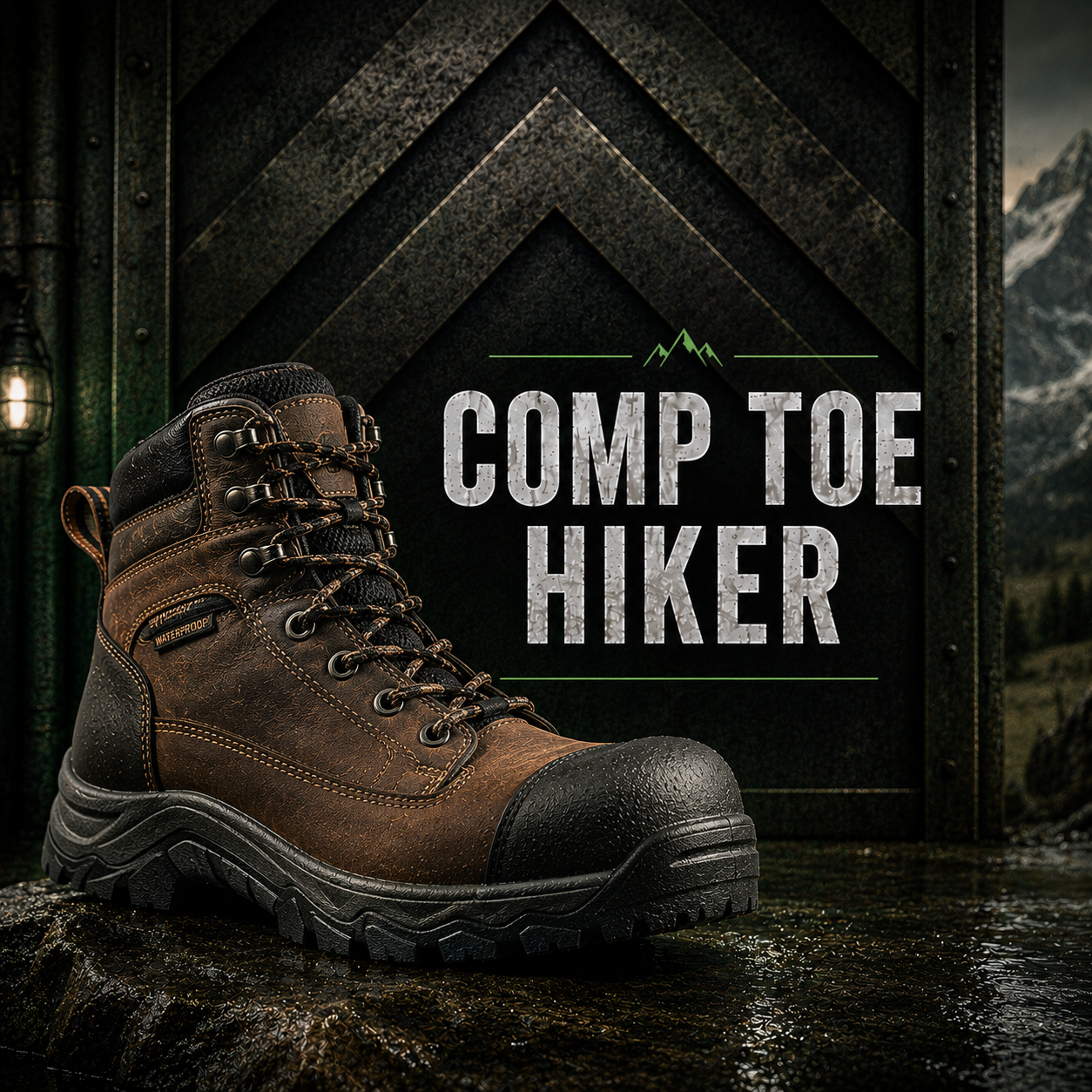 A brown and black hiking boot shown in a mountain landscape with large text reading 'COMP TOE HIKER' on the right side.