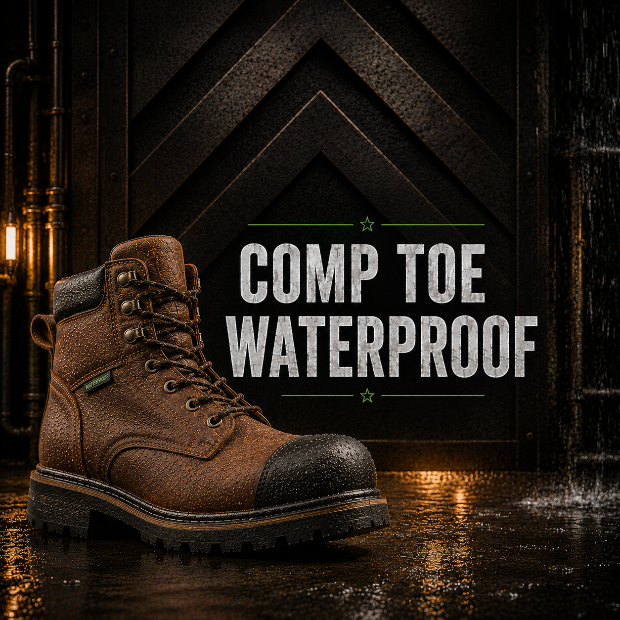 A brown waterproof work boot with a black toe cap, shown in a wet industrial setting with large text reading 'COMP TOE WATERPROOF' on the right.