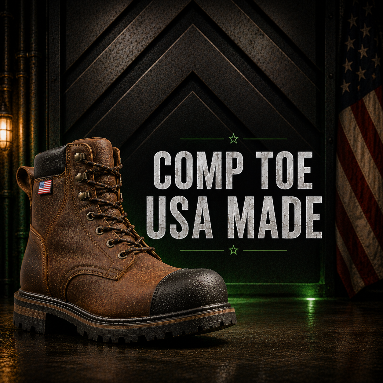 Composite Toe USA Made collection banner showing a brown leather six-inch work boot with USA flag patch, rubber toe guard and lug outsole