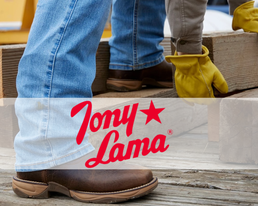Tony Lama brand banner showing workers in brown leather western work boots on a jobsite, with the Tony Lama logo overlaid