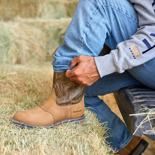 Ariat Men's WorkHog Pull-On 10" Soft Toe Work Western Boot - Bark - 10001188 - Overlook Boots