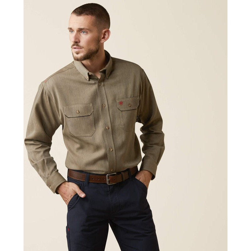 Ariat Men's Air Inherent Flame Resist Work Shirt Khaki - 100409000 Small / Khaki Heather / Standard - Overlook Boots