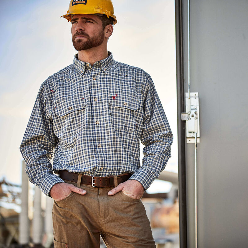 Ariat Men's Flame Resistant Plaid Featherlight Work Shirt Sky Plaid - 10043545 - Overlook Boots