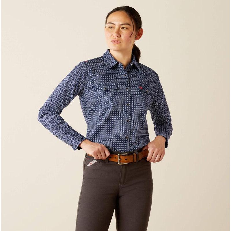 Ariat Women's FR Beverly Snap Western Work Shirt - Navy - 10054629 X-Small / Navy Print - Overlook Boots