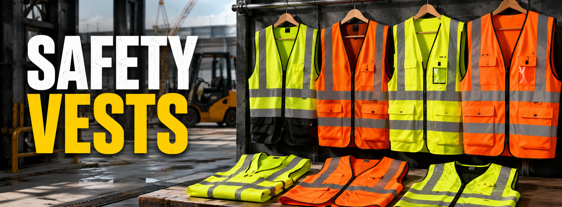 A retail display of high-visibility safety vests in multiple colors including orange, yellow, and black, hanging on wooden hangers and folded on a table. The background shows a blurred construction site with a forklift, and a bold text overlay on the left reads 'SAFETY VESTS'.