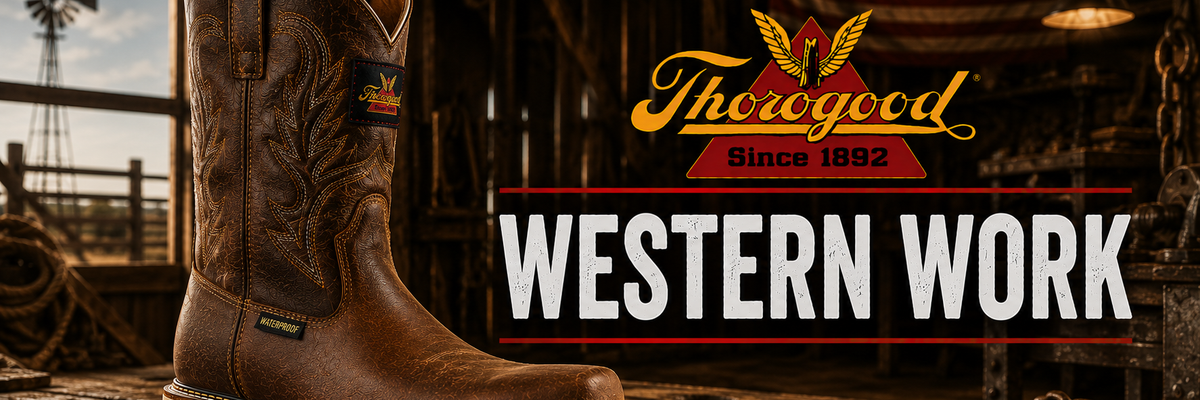 A brown leather western work boot with decorative stitching and a thick off-white sole, displayed on a rustic wooden surface in a barn setting. The Thoregood Western Work logo is prominently displayed in the upper right.