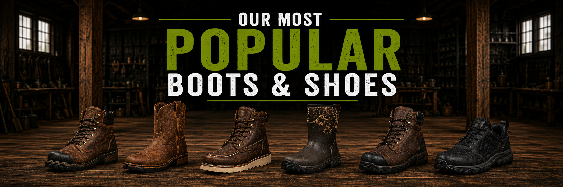A promotional banner showing five different styles of boots and shoes lined up on a rustic wooden floor in a dimly lit workshop or barn setting. Large text at the top reads 'OUR MOST POPULAR BOOTS & SHOES' in green and white.