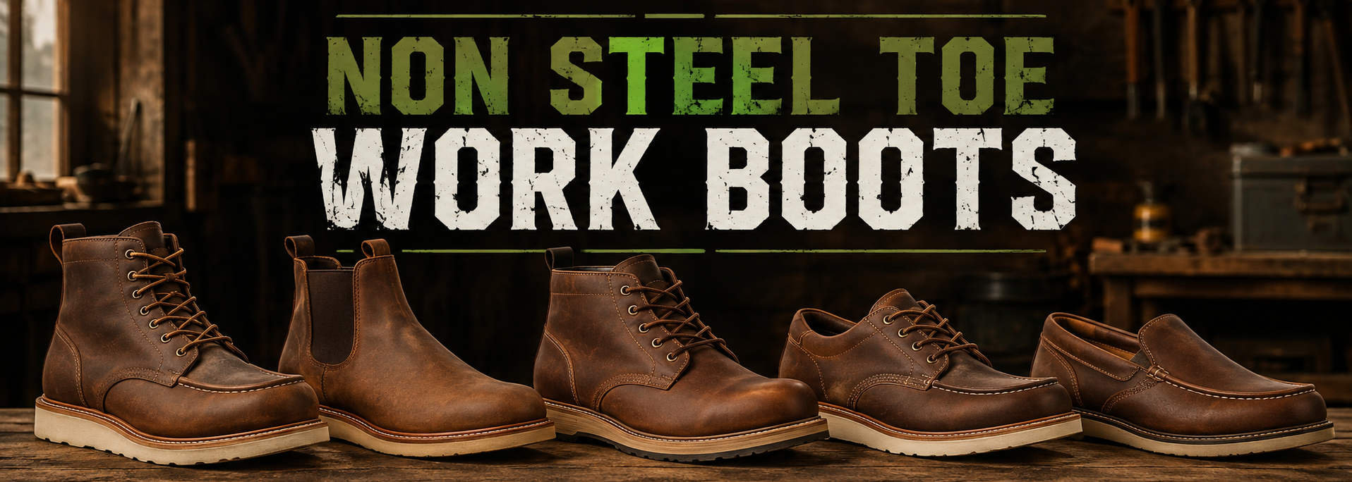 Five pairs of brown leather work boots arranged on a wooden surface against a dark workshop background, with the text 'NON STEEL TOE WORK BOOTS' displayed above them.