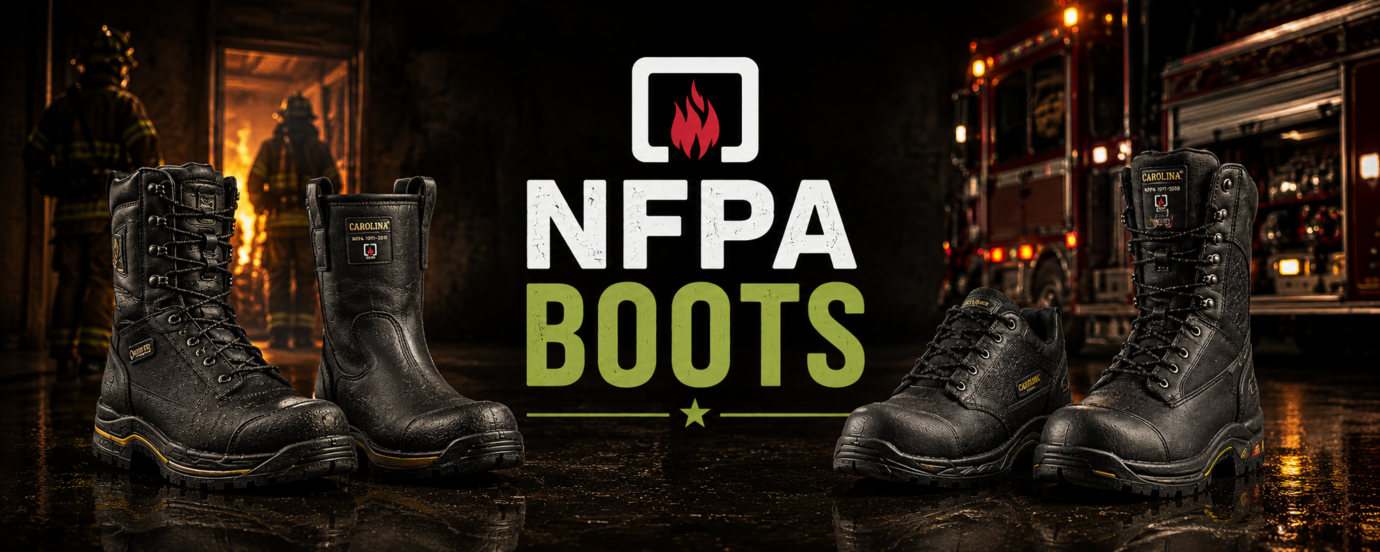 Four black NFPA boots displayed on a wet reflective surface with fire trucks and firefighters in the background. Large text in the center reads 'NFPA BOOTS' with a flame icon above it.
