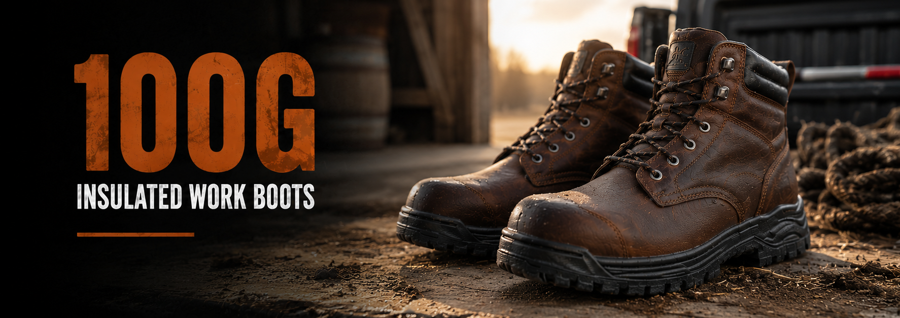 A pair of brown insulated work boots displayed outdoors on a dirt surface with a truck and wooden barrels in the background. Large text on the left reads '100G INSULATED WORK BOOTS'.