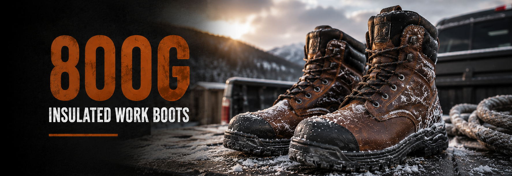 A pair of rugged insulated work boots shown outdoors on a snowy surface, with large text reading '800G INSULATED WORK BOOTS' on the left and a dark mountain scene in the background.