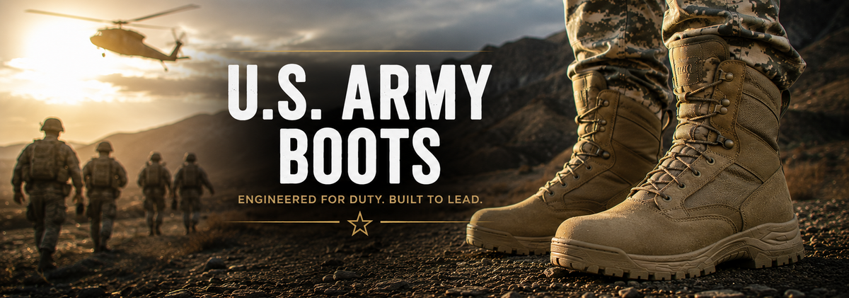US Army Boots collection banner showing tan suede eight-inch lace-up military boots with speed hooks and lug outsoles