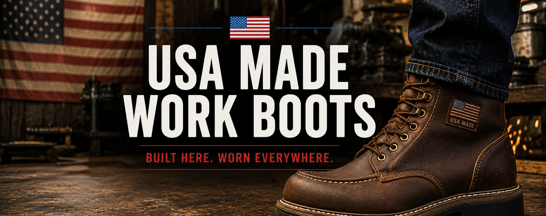 A brown leather work boot with a small American flag patch on the side, shown on a person's foot wearing blue jeans in a rustic workshop setting with a large American flag and the text 'USA MADE WORK BOOTS' on the screen.