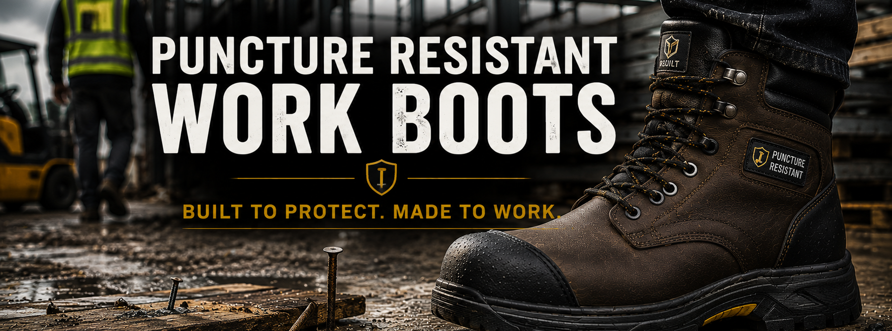 A close-up of a brown puncture-resistant work boot worn on a foot, with large white text reading 'PUNCTURE RESISTANT WORK BOOTS' and smaller yellow text 'BUILT TO PROTECT. MADE TO WORK' over a construction site background.