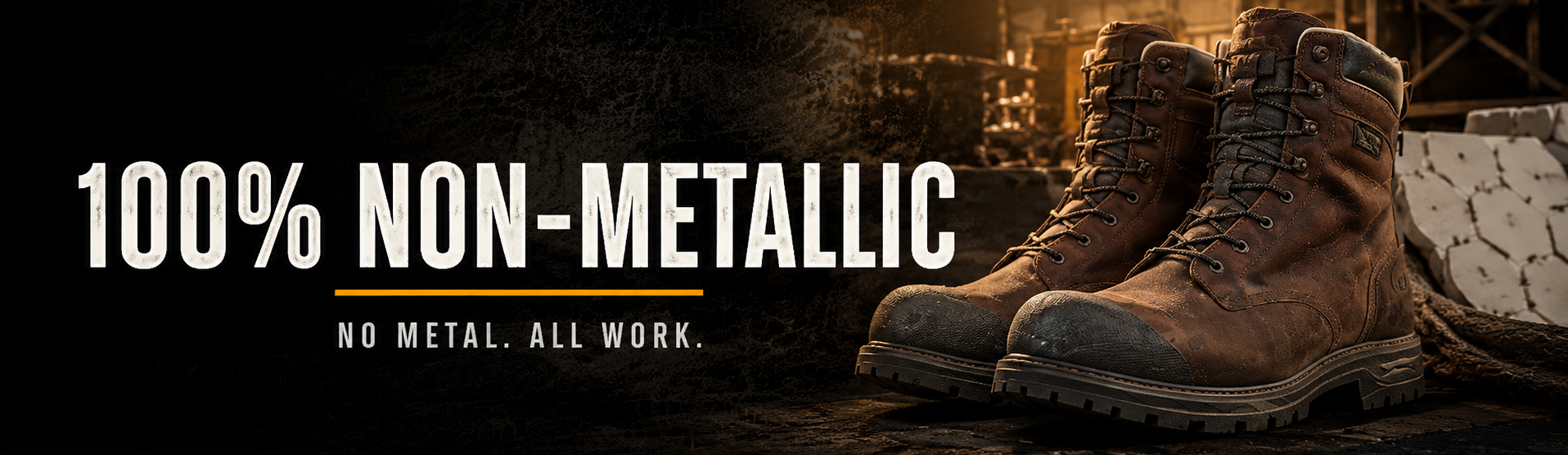 A pair of rugged brown work boots displayed on a dark industrial floor with the text '100% NON-METALLIC' and 'NO METAL. ALL WORK.