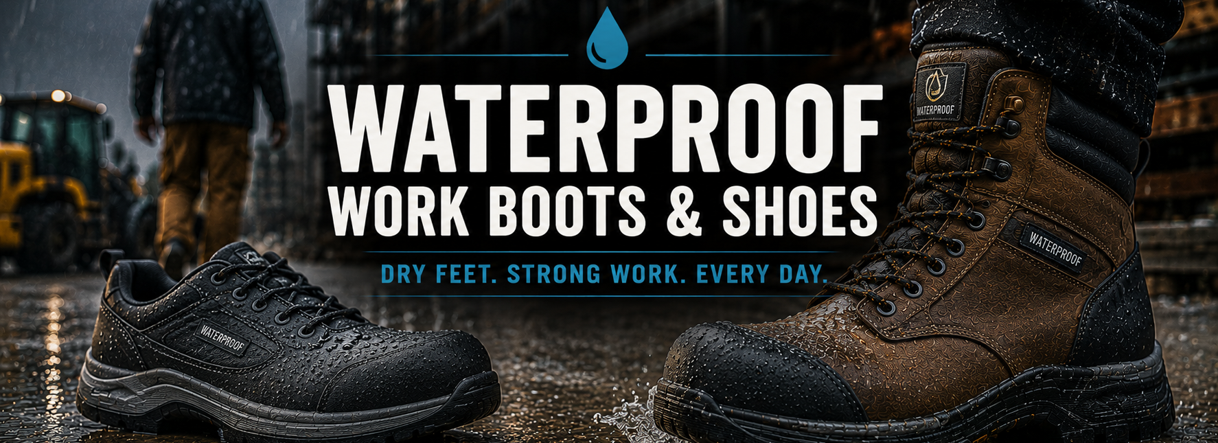 Promotional graphic for waterproof work boots and shoes, showing one black shoe and one brown lace-up boot in a rainy industrial setting with large overlaid text reading 'WATERPROOF WORK BOOTS & SHOES'.
