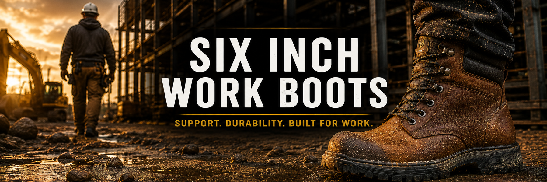A promotional banner for six-inch work boots, featuring a large close-up of a brown leather boot in the foreground and a worker standing on a construction site in the background. The text 'SIX INCH WORK BOOTS' is displayed prominently in white, with the tagline 'SUPPORT.