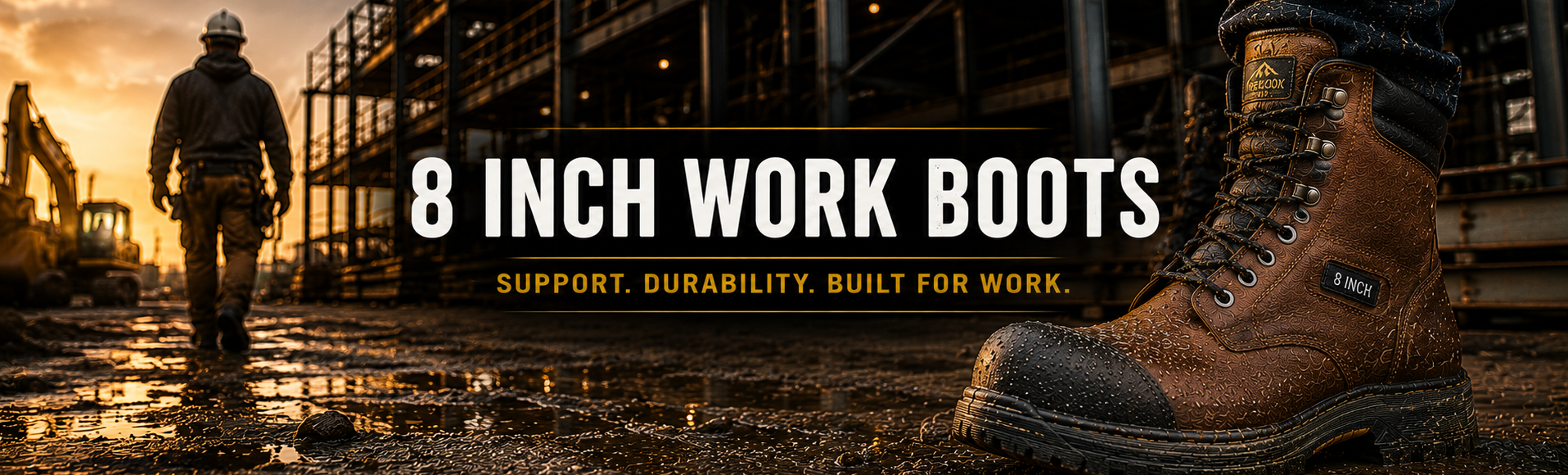A promotional banner for 8-inch work boots, featuring a close-up of a brown lace-up boot on the right and a worker walking in a construction site on the left, with the text '8 INCH WORK BOOTS' and 'SUPPORT. DURABILITY.