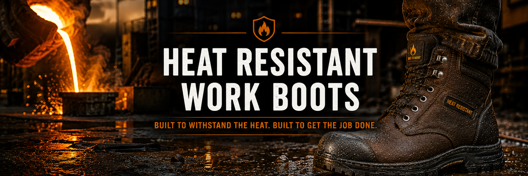A pair of dark brown heat resistant work boots shown in a rugged industrial setting with molten metal pouring nearby, overlaid with the text 'HEAT RESISTANT WORK BOOTS' and a small flame icon.