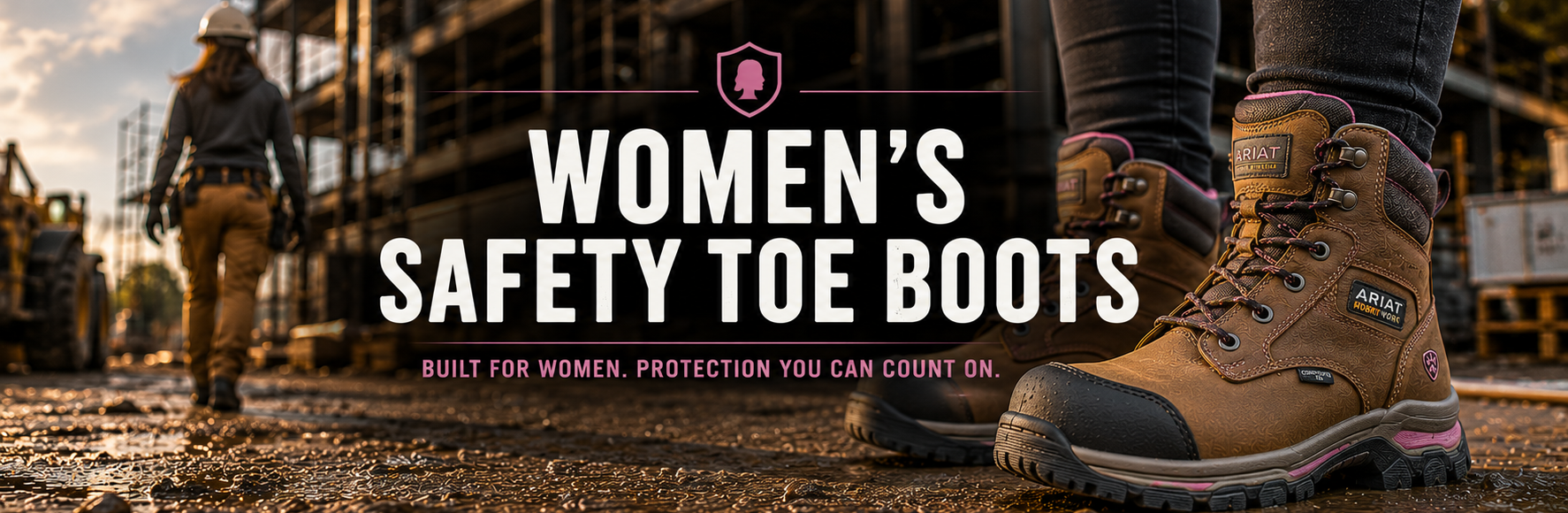 A pair of women's safety toe boots in brown and black, shown on a construction site with a worker in the background. The image features a large text overlay reading 'WOMEN'S SAFETY TOE BOOTS' with a small pink protective helmet icon above it.