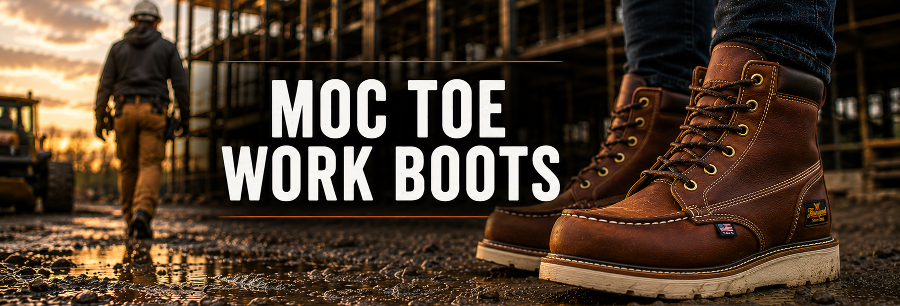 A pair of brown Moc Toe work boots shown on a construction site with a worker in the background and large text overlay reading 'MOC TOE WORK BOOTS'.
