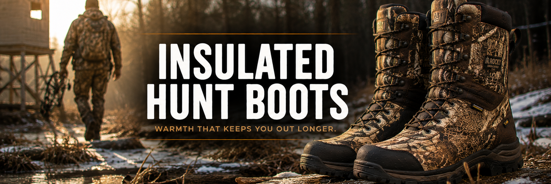 A pair of insulated hunting boots in a brown and tan camouflage pattern, shown in the foreground with a forest and a person walking in the background. Large white text reads 'INSULATED HUNT BOOTS' with smaller text below.