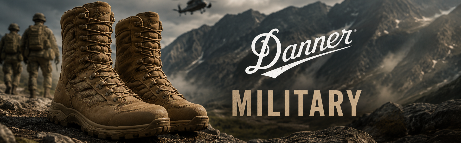 A pair of tan military combat boots displayed in the foreground with soldiers and a helicopter in a mountainous outdoor setting. The words 'Danner MILITARY' are overlaid on the right side.