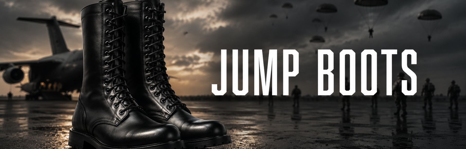 A pair of black leather military-style jump boots displayed prominently in the foreground on a wet tarmac, with a military aircraft, silhouetted figures, and parachutists in the background under a dramatic cloudy sky. The words 'JUMP BOOTS' are overlaid in large white text on the right.
