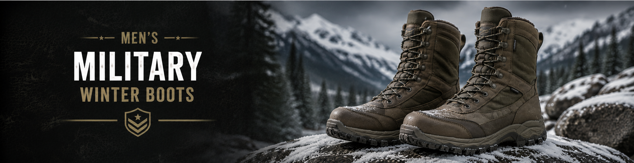 A pair of rugged military winter boots in brown and tan, shown standing on a snowy rock with a mountain forest background. The left side features a dark banner with the text 'MEN'S MILITARY WINTER BOOTS' and a small shield logo.
