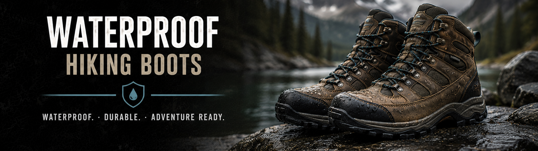 A pair of brown waterproof hiking boots displayed on rocks beside a mountain lake, with large text on the left reading 'WATERPROOF HIKING BOOTS' and smaller tagline text below.