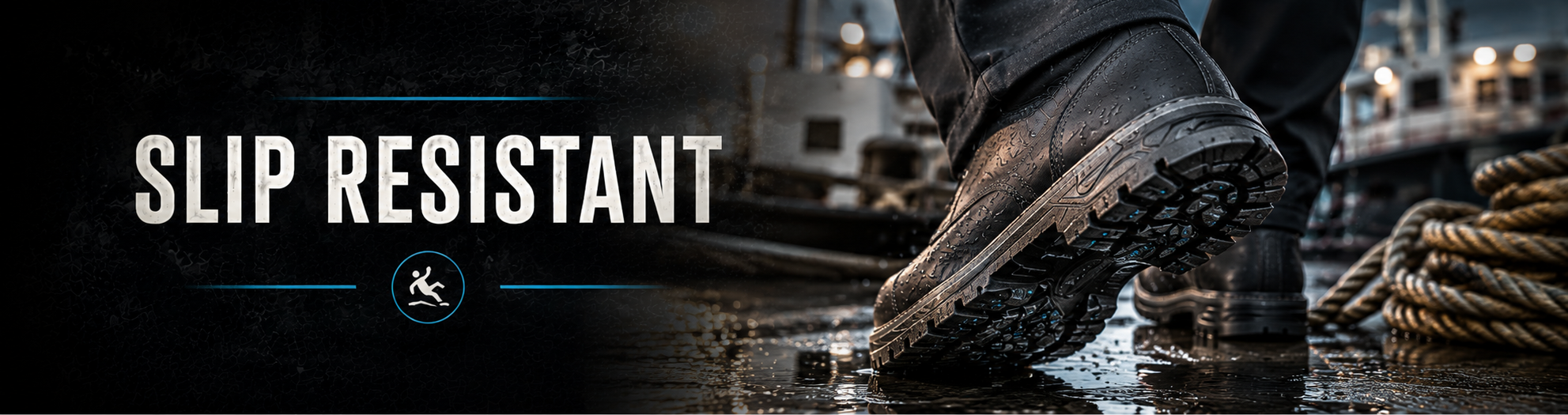 A close-up promotional photo of a person wearing dark slip-resistant work boots on a wet industrial dock floor, with the text 'SLIP RESISTANT' and a small logo on a dark banner.