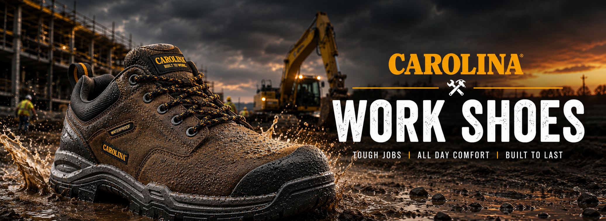 A brown and black Carolina Work Shoes sneaker shown in a muddy construction site setting with an excavator in the background. The right side features a dark graphic overlay with the text 'CAROLINA WORK SHOES' in yellow and white.