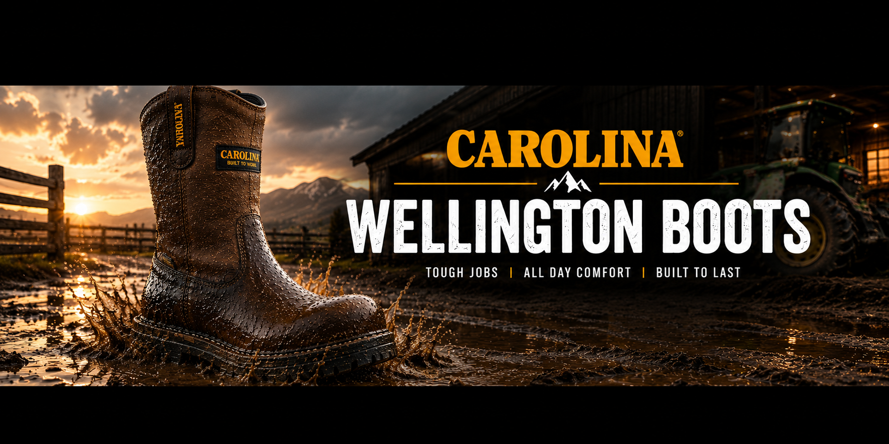 A single Carolina Wellington boot stands in muddy water outdoors at sunset, with a barn and tractor in the background and large text reading 'CAROLINA WELLINGTON BOOTS' across the right side.