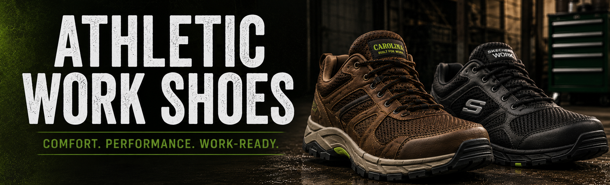 Two athletic work shoes displayed on a wet floor in a workshop setting, with large white text reading 'ATHLETIC WORK SHOES' and smaller text 'COMFORT. PERFORMANCE.