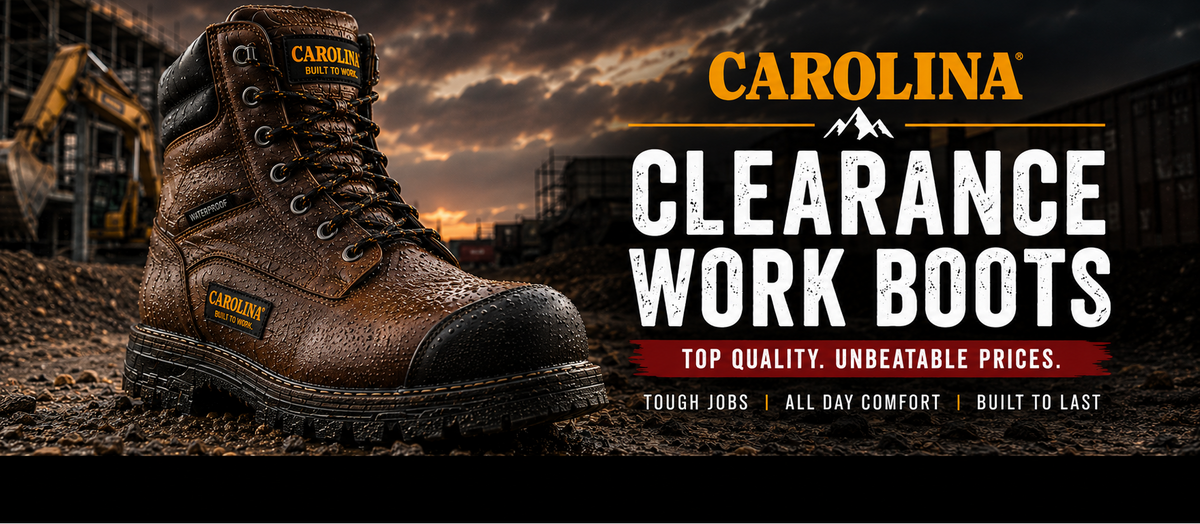 A single Carolina work boot is shown prominently on a dark industrial construction background, with large promotional text reading 'CAROLINA CLEARANCE WORK BOOTS' and supporting copy on the right.