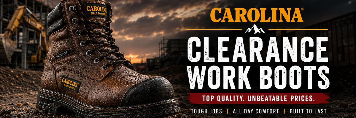 Single Carolina work boot against a dark industrial background for a clearance promotion.