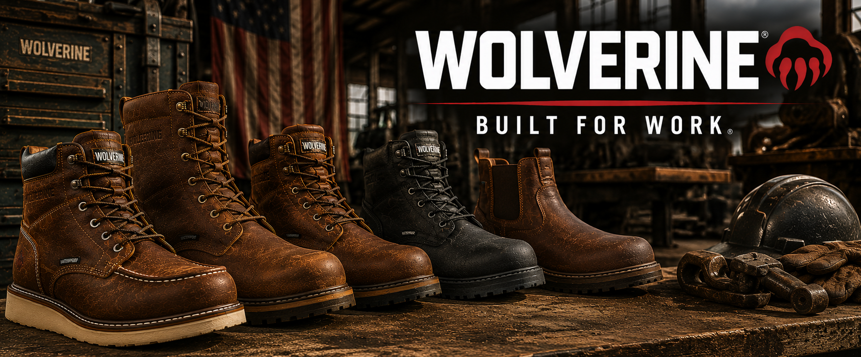 Four pairs of Wolverine work boots in brown and black leather are lined up on a rustic wooden workbench inside a workshop setting. The background features an American flag, a metal helmet, and gloves, with the 'WOLVERINE BUILT FOR WORK' logo prominently displayed in the upper right.