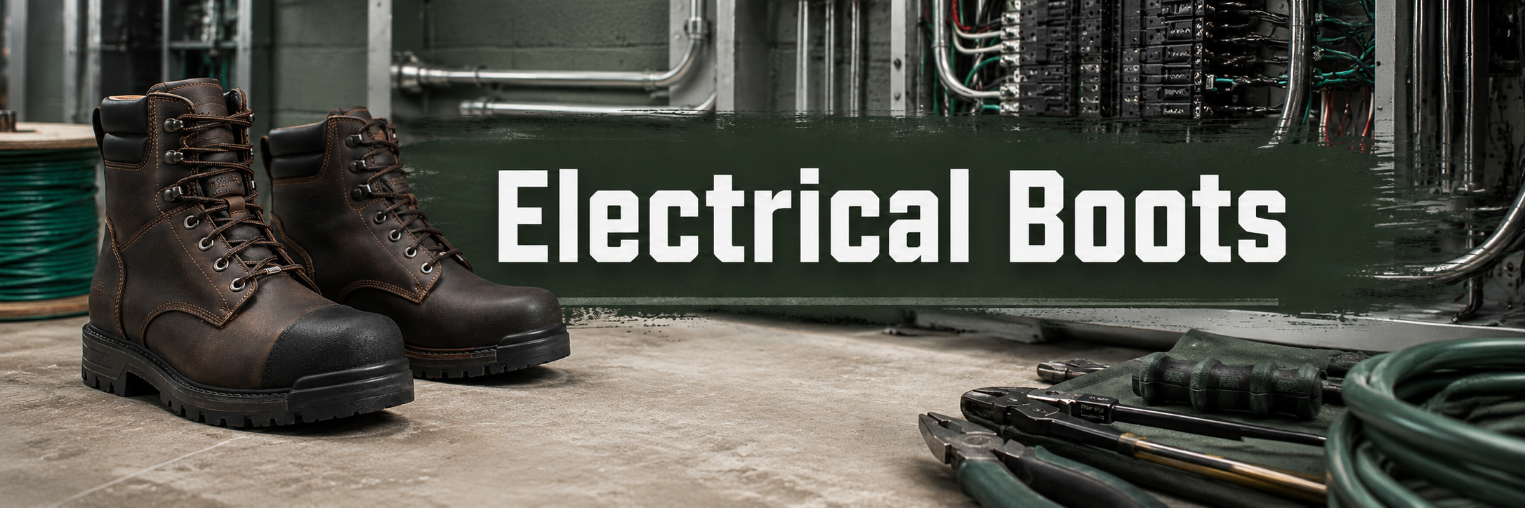 A pair of dark brown leather electrical boots with lace-up fronts and protective toes, displayed in a workshop setting with tools and industrial background elements. A dark green banner across the center reads 'Electrical Boots' in white text.