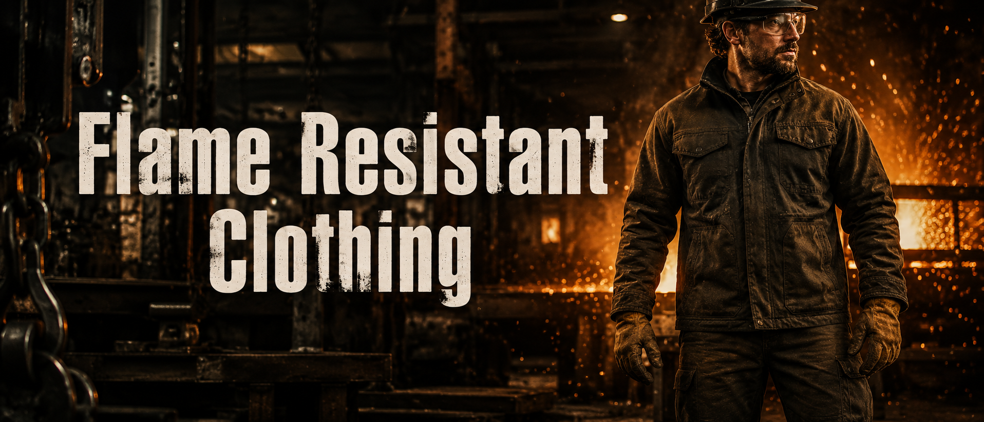 A man wearing dark flame-resistant work clothing stands in a smoky industrial setting with large text reading 'Flame Resistant Clothing' overlaid on the left side.