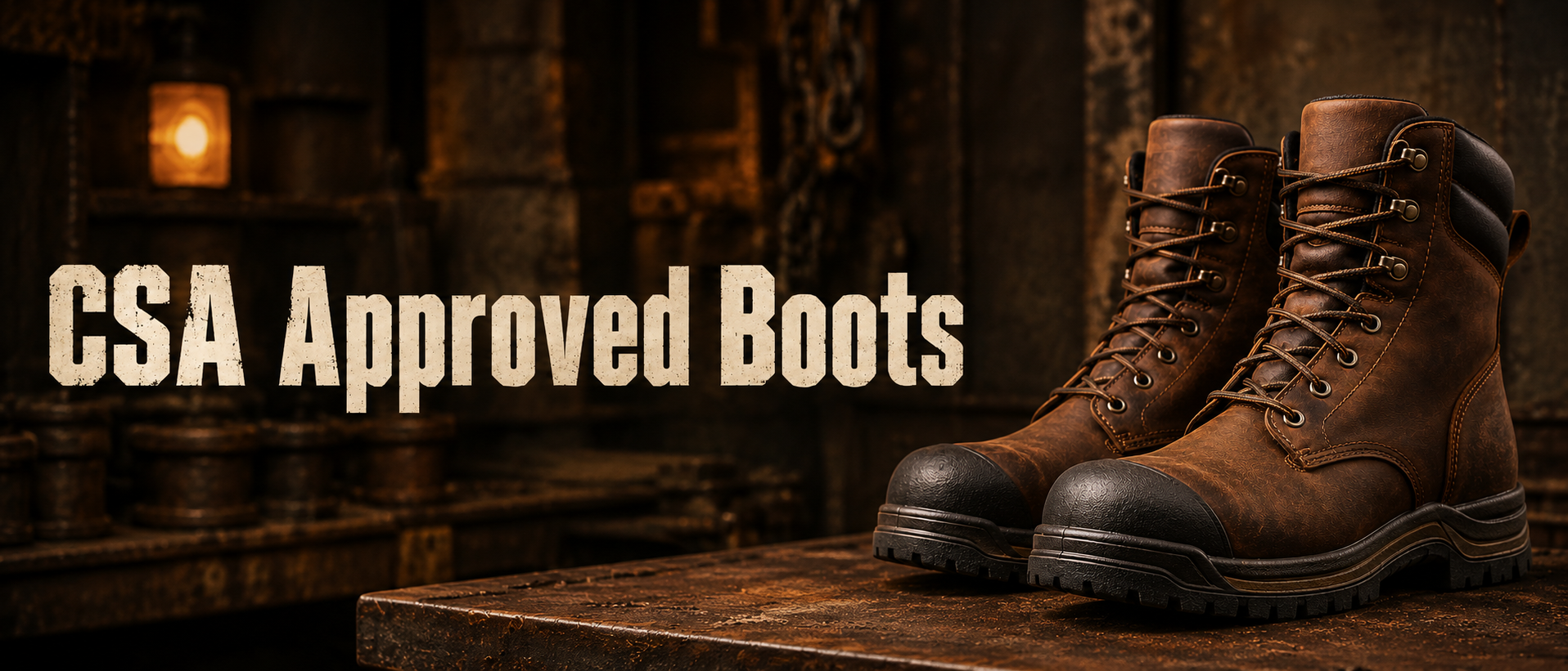 A pair of brown lace-up work boots displayed on a wooden surface against a dark rustic background, with the text 'CSA Approved Boots' overlaid on the left side.