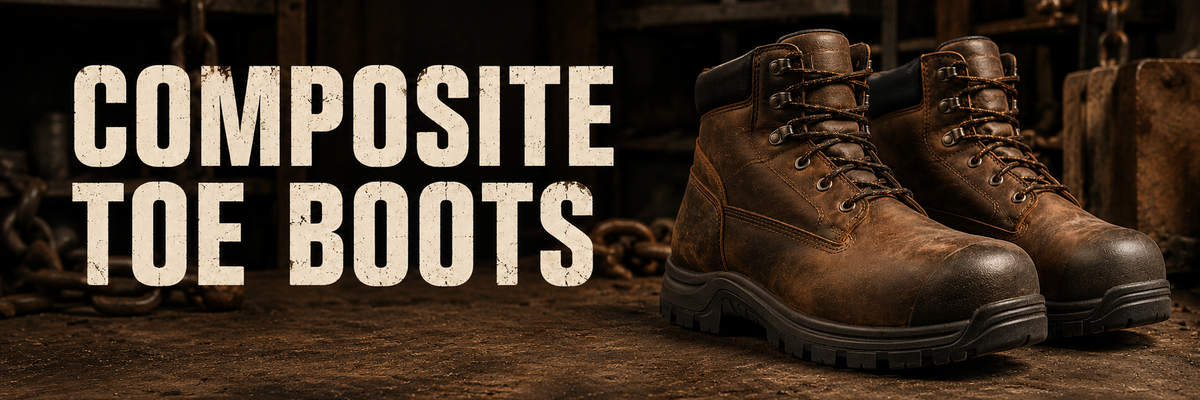 A pair of brown composite toe work boots displayed on a rustic wooden surface with a dark workshop background, featuring large text overlay that reads 'COMPOSITE TOE BOOTS'.