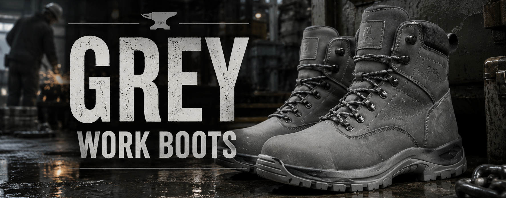 A pair of grey work boots displayed on a wet industrial floor, with large overlaid text reading 'GREY WORK BOOTS' and an anvil icon above. The boots are the product, but the scene also includes environmental context and text overlay, so this fits Product/Packaging rather than Lifestyle because no person or animal is present and the product remains the focus.