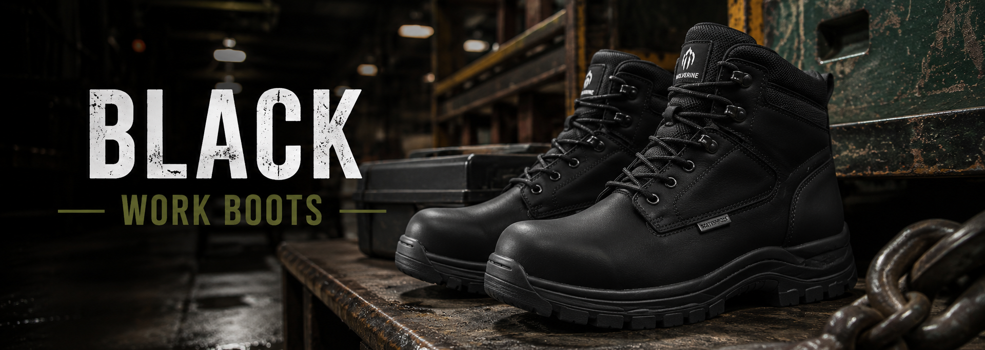 A pair of black lace-up work boots displayed on a rustic wooden surface in an industrial warehouse setting, with large text overlay reading 'BLACK WORK BOOTS'.