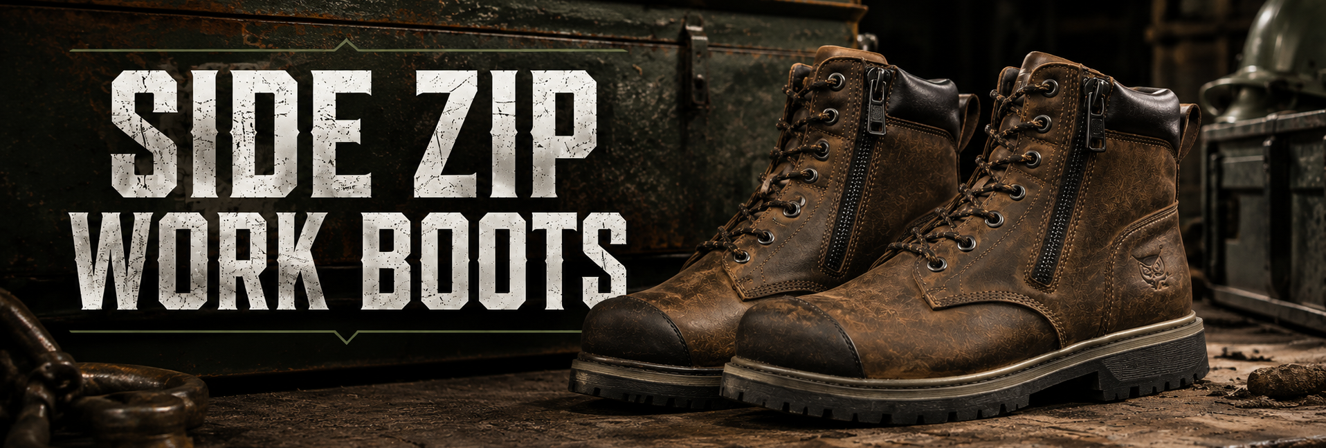A pair of brown leather side-zip work boots displayed on a rustic wooden surface next to a large dark metal chest, with bold white text reading 'SIDE ZIP WORK BOOTS' on the left.