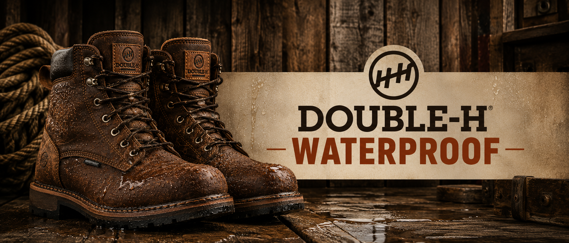 A pair of brown lace-up waterproof boots displayed on a rustic wooden surface with a rope prop, alongside a banner that reads 'DOUBLE-H WATERPROOF' with a circular HH logo.